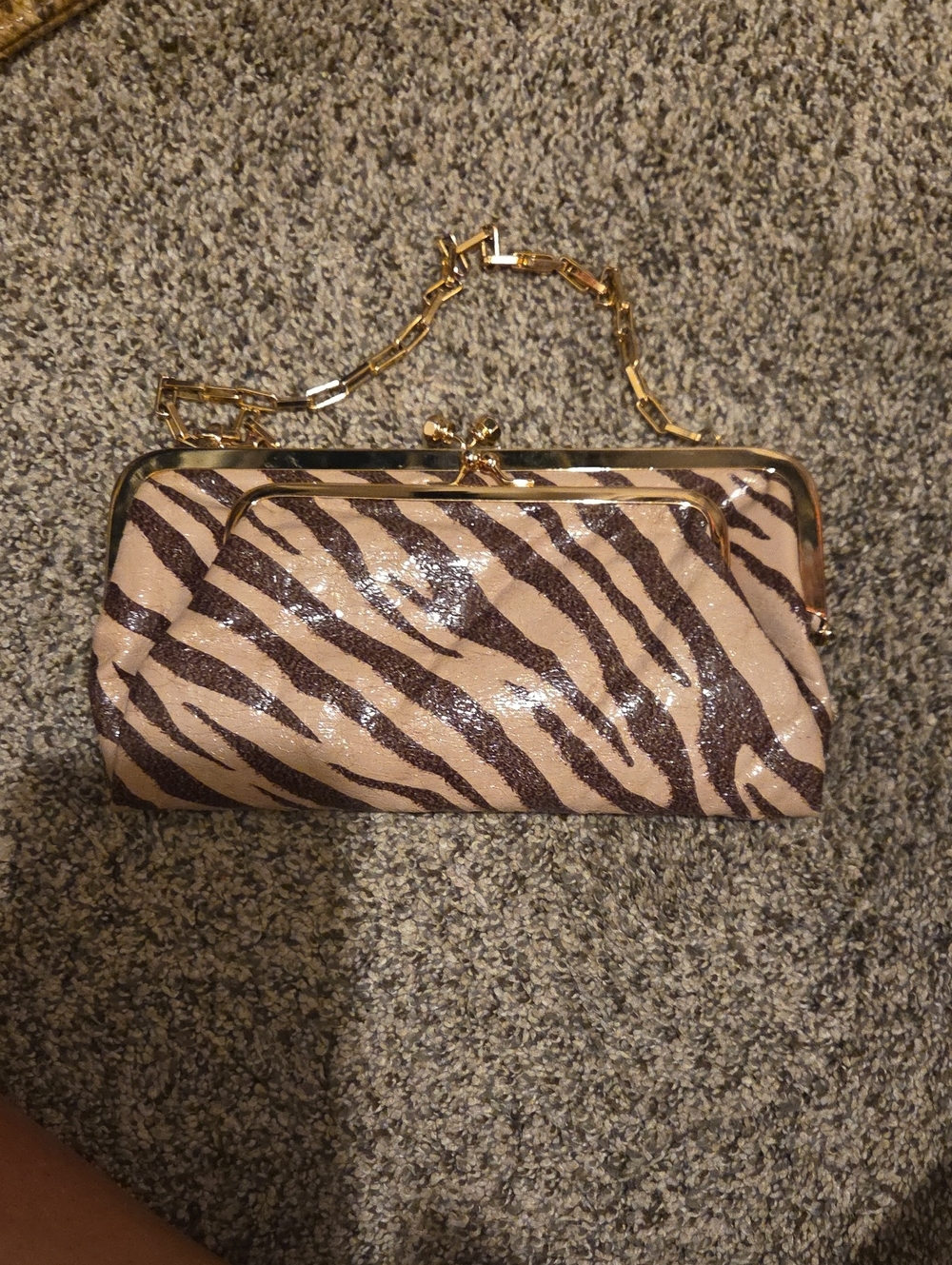 Gold-Trim Animal Print Clutch Bag - Beige Zebra
